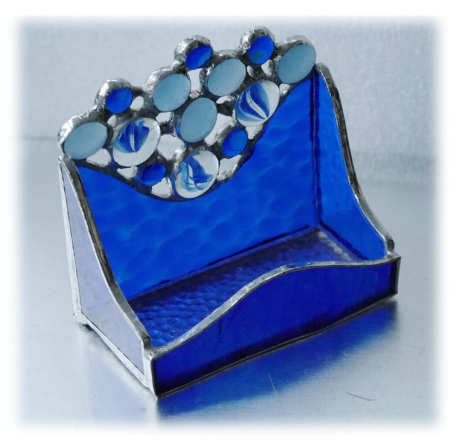 Business Card Holder Handmade Stained Glass Blue 006