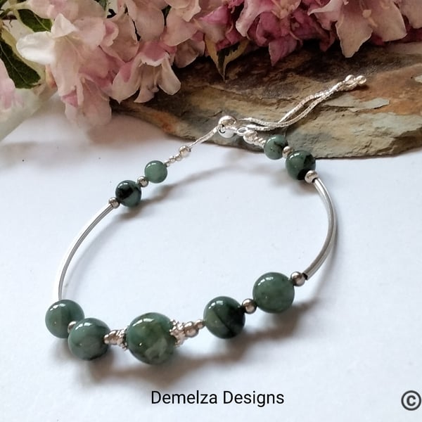 Natural Emerald Noodle  Sliding Sterling Silver Bangle