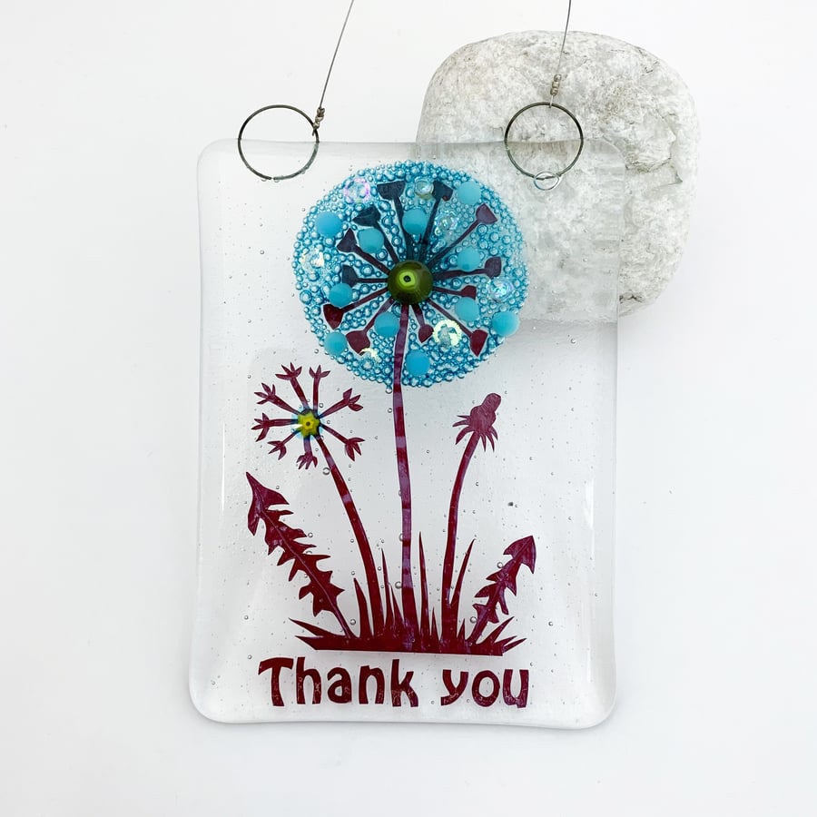 Fused Glass "Thank You" Dandelion Hanging - Handmade Glass Suncatcher