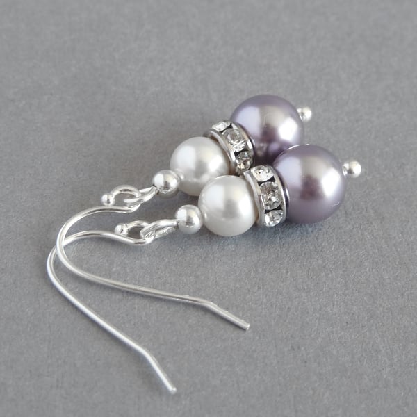 Lilac and White 2 Pearl Drop Earrings - Mauve Swarovski Dangle Earrings - Gifts