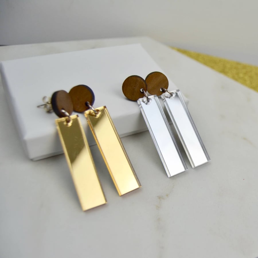 Mirror acrylic and wood rectangle drop earrings