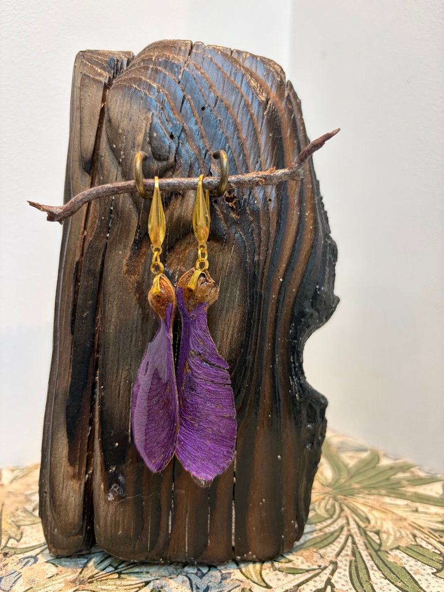 Sycamore seed earrings in purple pink