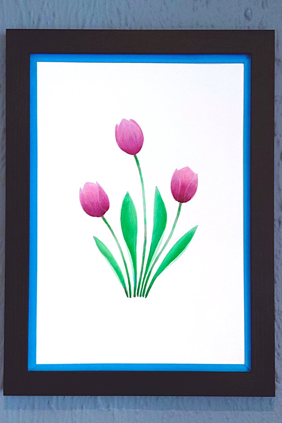 A3 Size Framed Print Painting Purple Tullips Flowers Colourful Dark Blue Border