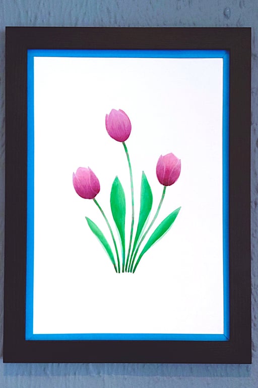 A3 Size Framed Print Painting Purple Tullips Flowers Colourful Dark Blue Border