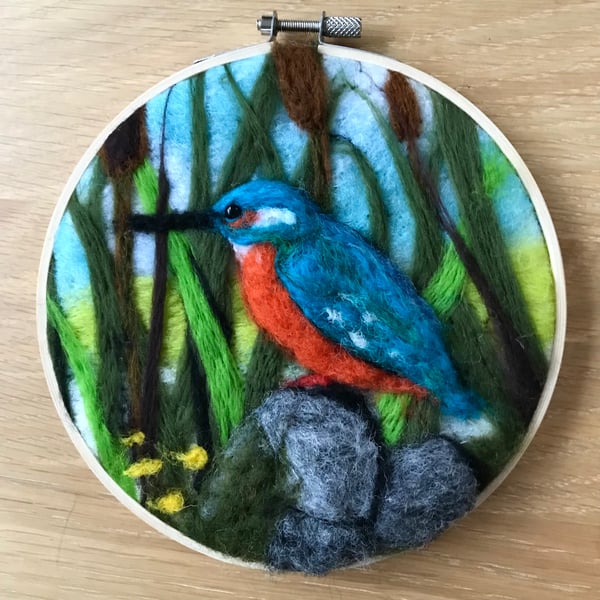 Kingfisher-needle felted-hoop art-British bird