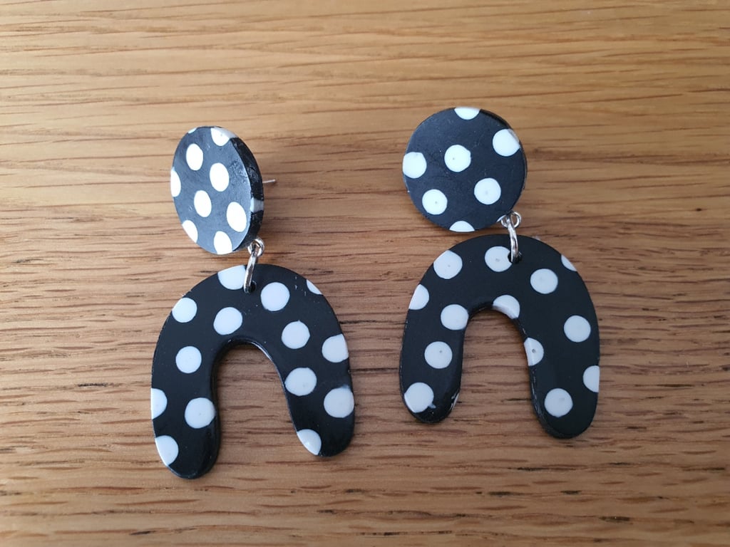 Retro Style Stud and Drop Wonky Arch Earrings in a Black and White Spot Pattern