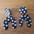 Retro Style Stud and Drop Wonky Arch Earrings in a Black and White Spot Pattern