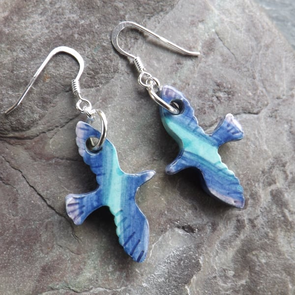 Handmade ceramic bird earrings in blue, turquoise and purple