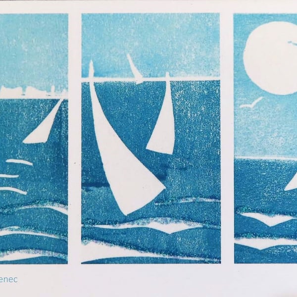 Cello free summer fun seaside art card notelet from an original lino print
