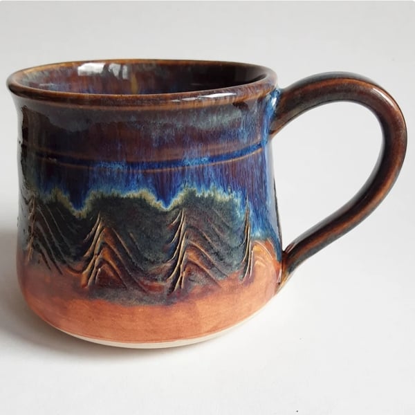 Mug Patterned Brown Blue Terracotta Glazed  - Hand Thrown Stoneware Ceramic Mug 