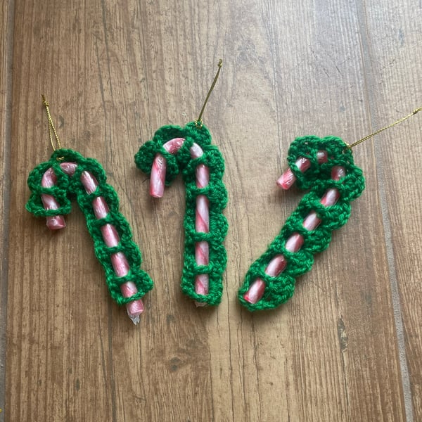 Set of 3 Old Fashion Crochet Christmas Candy Cane Holder-Green