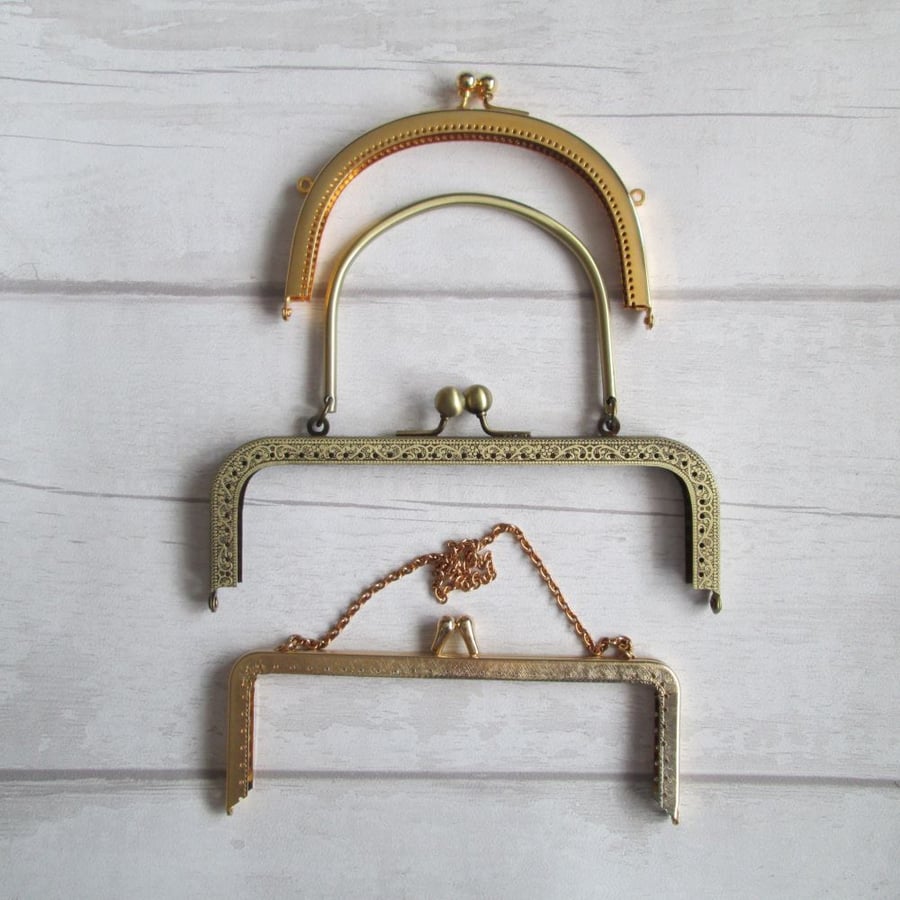 Set of Three Metal Sew-in Purse, Bag Frames - Gold, Antique Brass