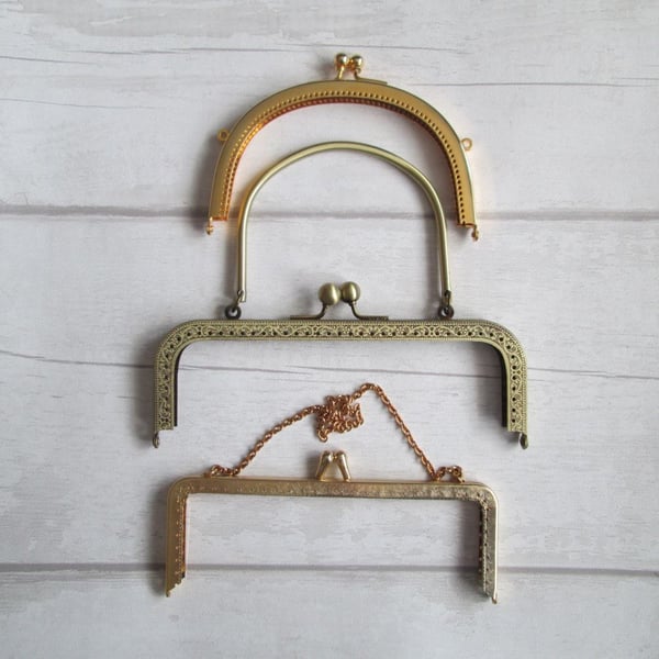 Set of Three Metal Sew-in Purse, Bag Frames - Gold, Antique Brass