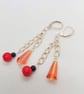 Earrings with Orange Artemis Beads Red and Black Beads on Long Chains - Image 2