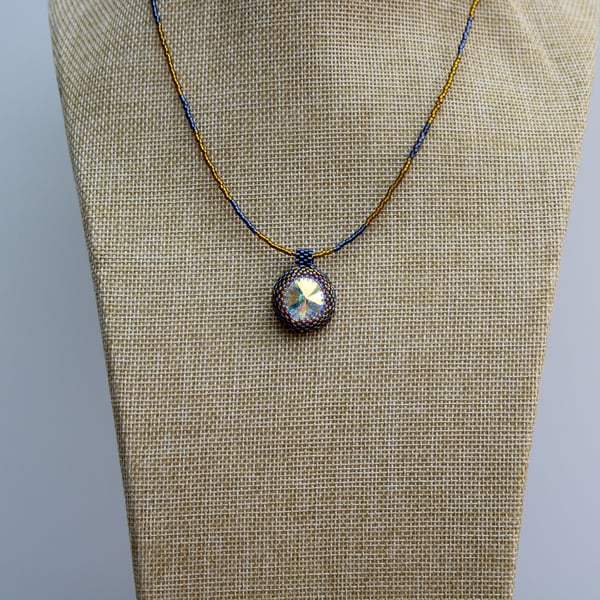 Gold and Blue seed beaded necklace with crystal rivoli 