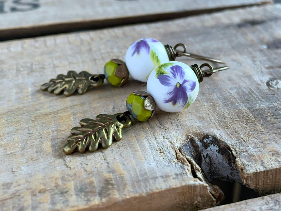 Nature Inspired Oak Leaf Earrings. Leaf Charm Earrings. Purple & Green Earrings