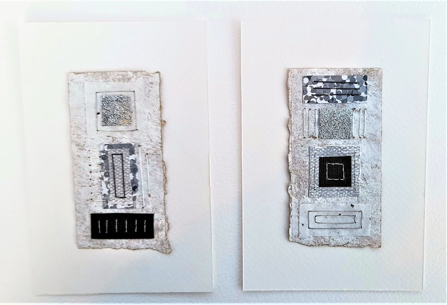 Patterned Grey Silver White Paper Handstitched Geometric Small Art Pictures