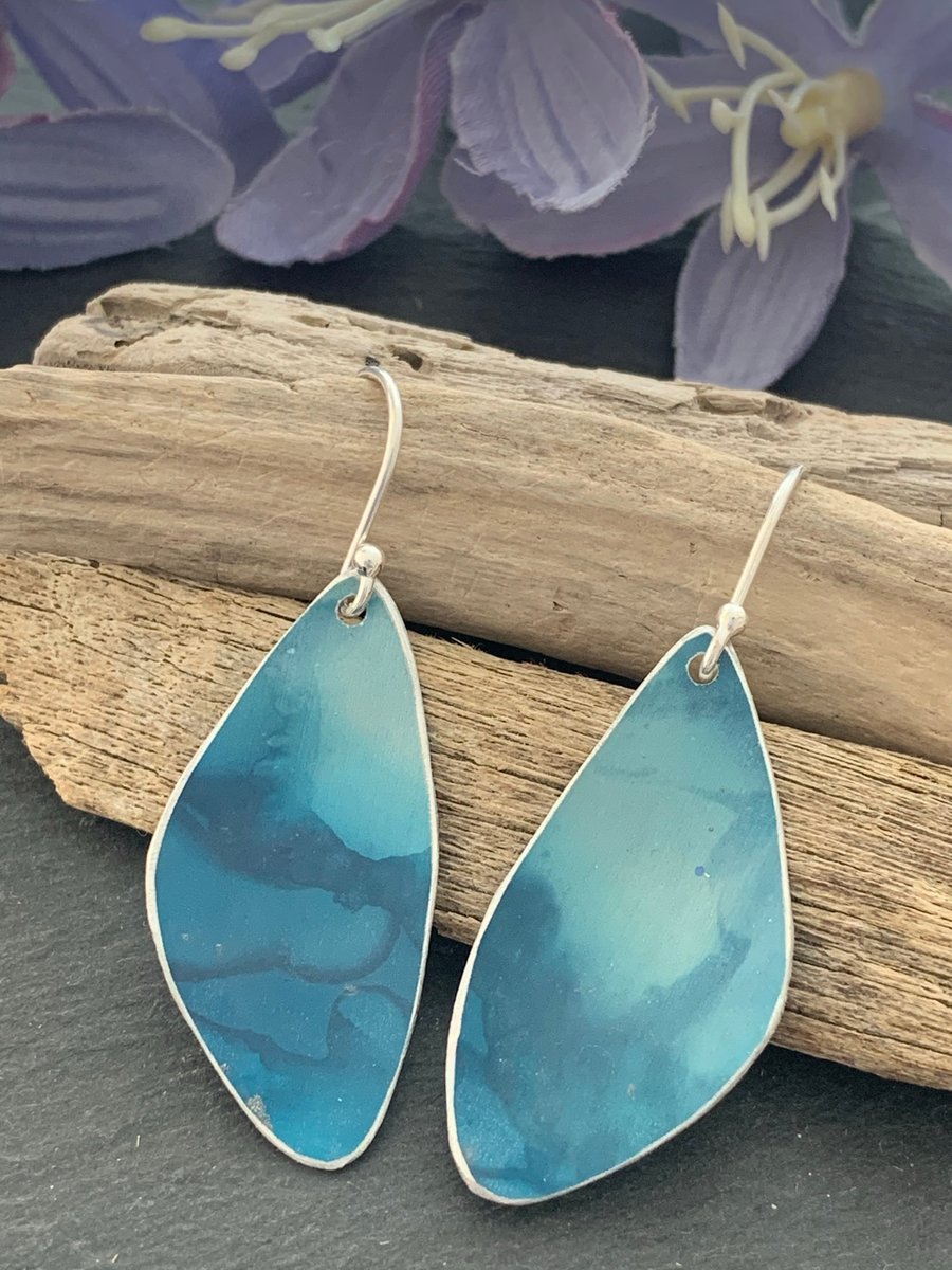 Printed Aluminium and sterling silver earrings - Blue grey and teal 