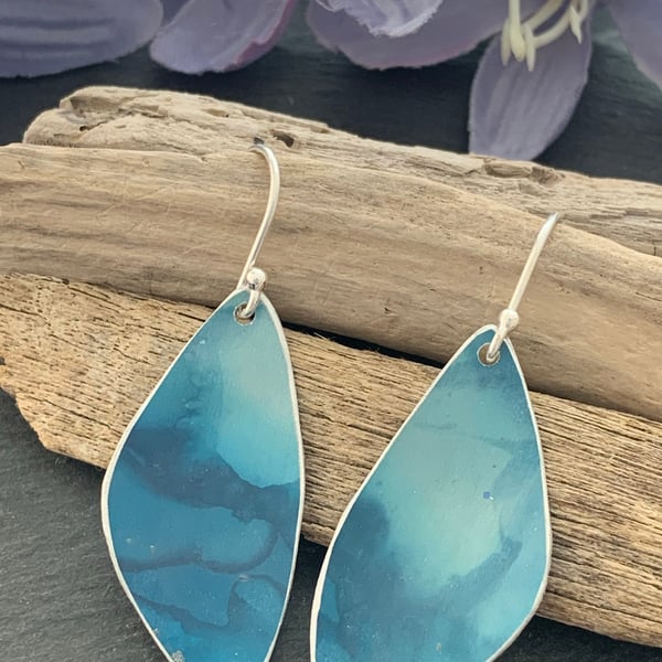 Printed Aluminium and sterling silver earrings - Blue grey and teal 