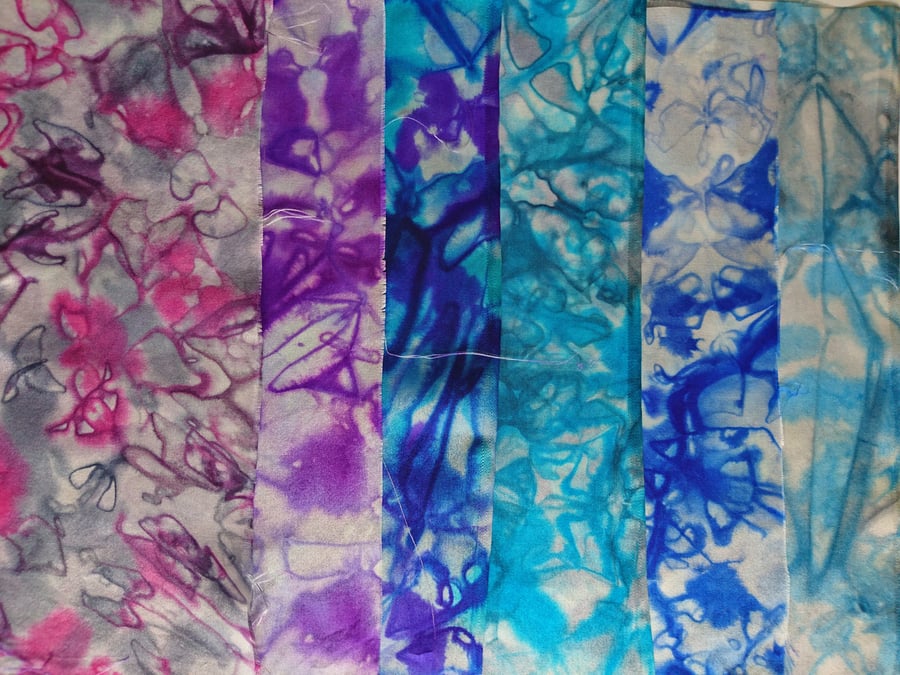 Pack of 6 hand dyed silk fabric 9" squares for crafts, patchwork, card-making...