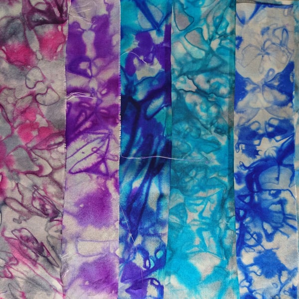 Pack of 6 hand dyed silk fabric 9" squares for crafts, patchwork, card-making...