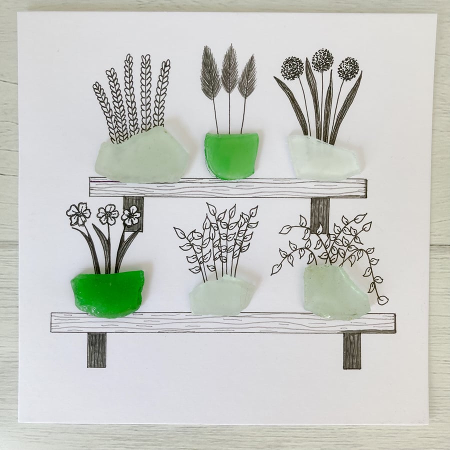 SALE Plant pot design greeting card handmade with sea glass from Cornwall 