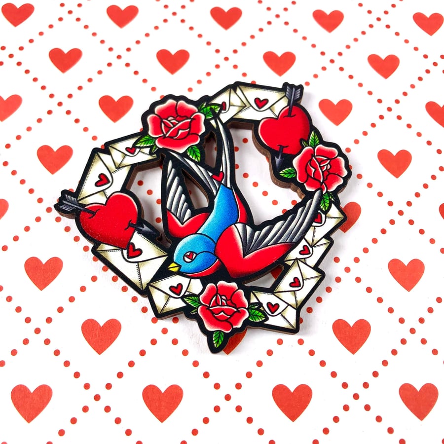 Swallow Love Letter Cut Out Brooch by Dolly Cool 40s 50s Reproduction Vintage 