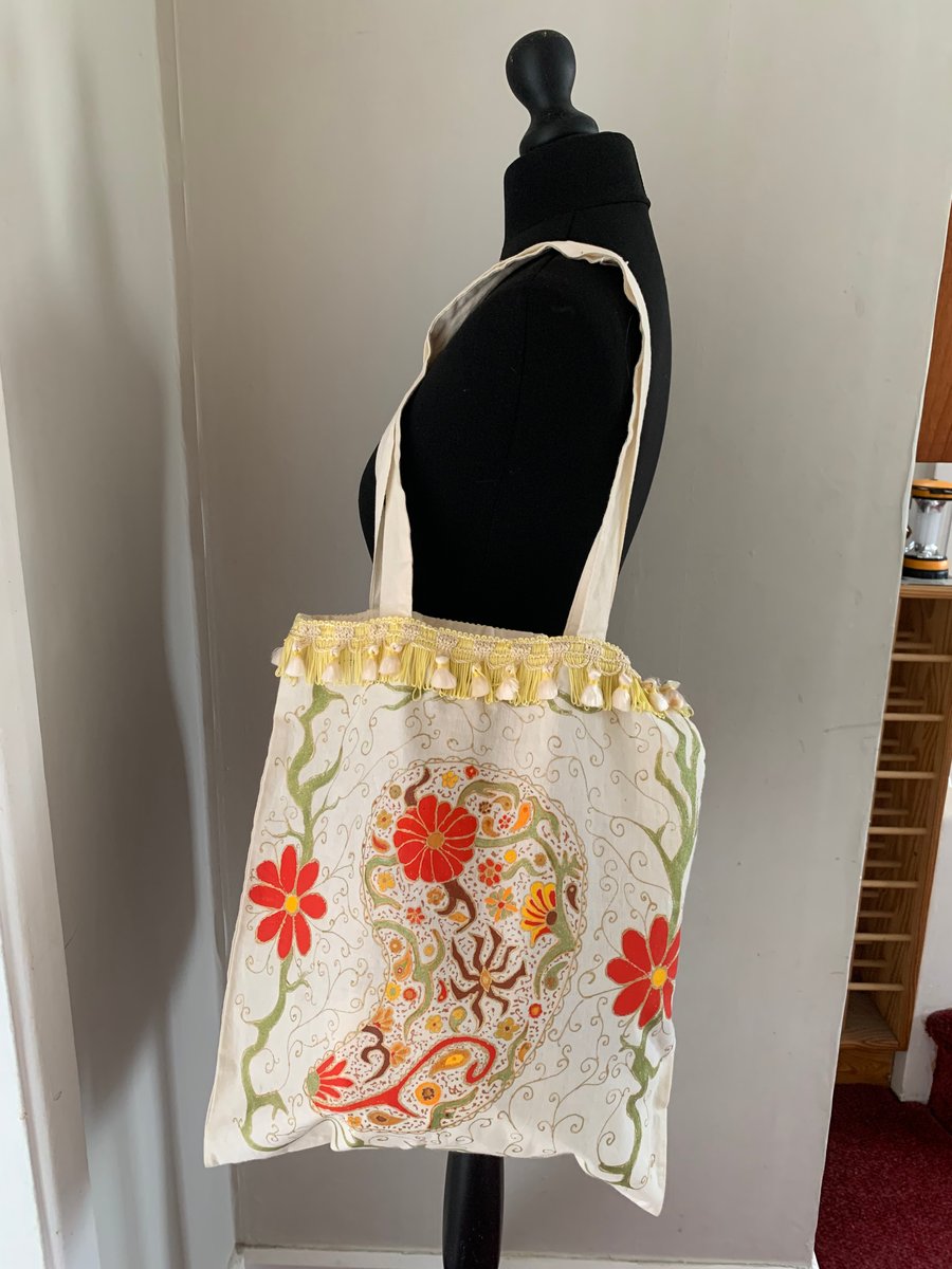 Hand painted tote bag with large paisley design 