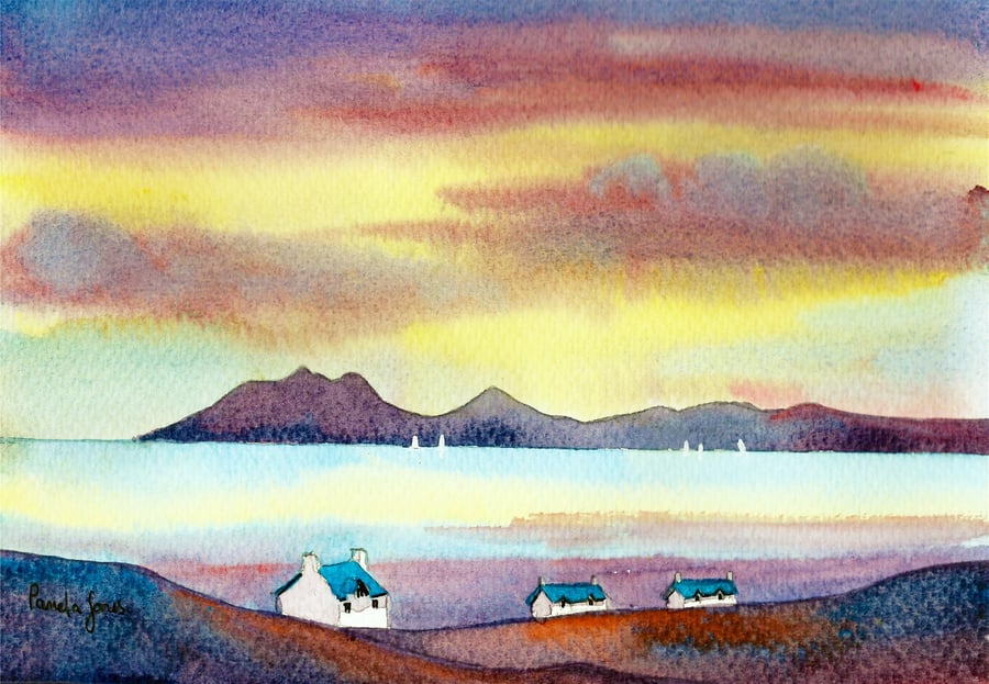 Isle Of Skye, Sunset, Watercolour Print, In 8 x 6 '' Mount