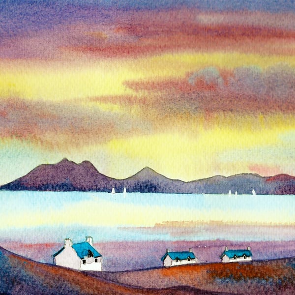 Isle Of Skye, Sunset, Watercolour Print, In 8 x 6 '' Mount