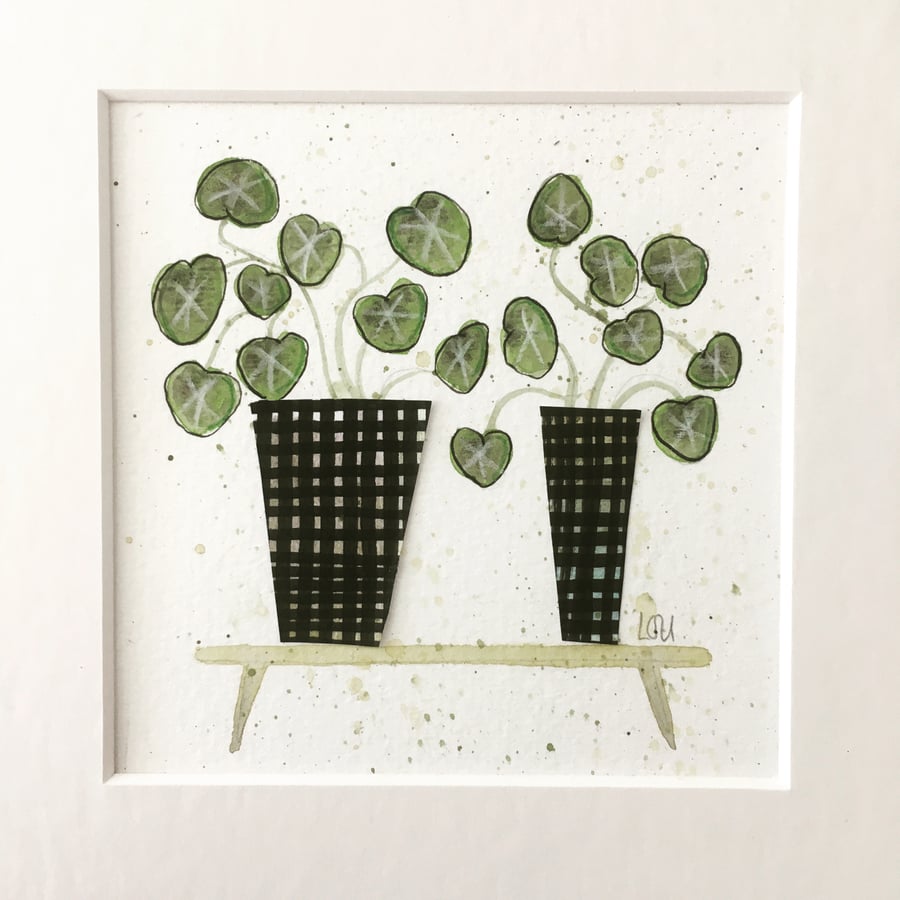 Original watercolour and collage houseplant money plant mounted 