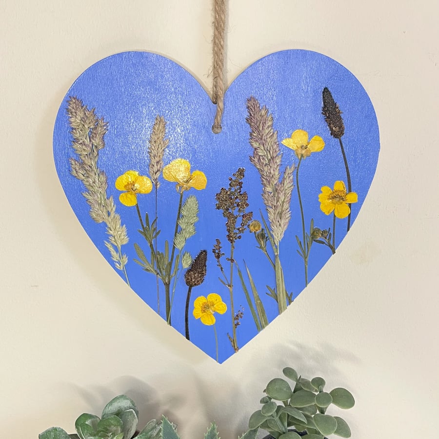 Pressed Flower Hand Painted Wooden Heart Buttercups and Grasses Botanical Art