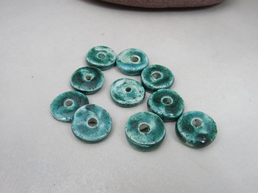 10 Medium Jade Green Glazed Ceramic Washer Beads