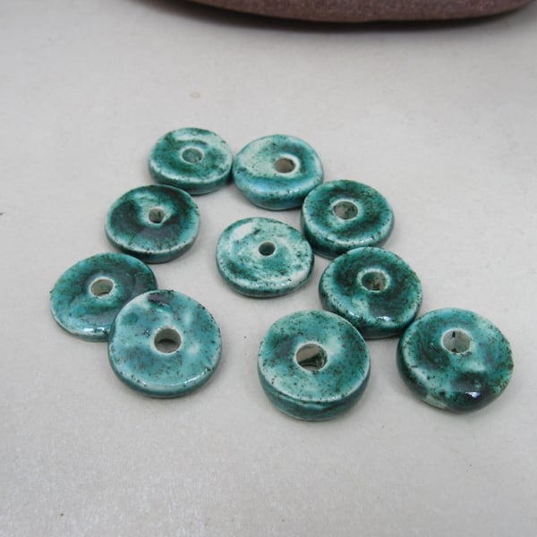 10 Medium Jade Green Glazed Ceramic Washer Beads