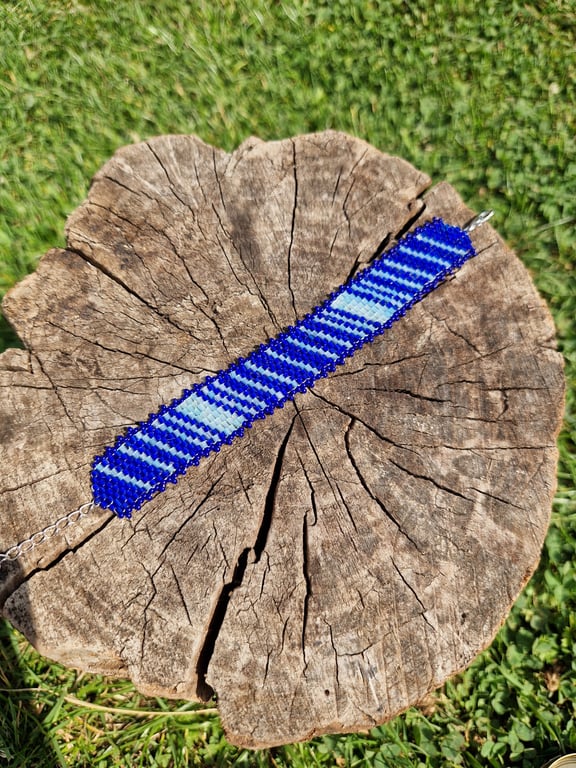 Shimmering blue peyote beaded cuff bracelet