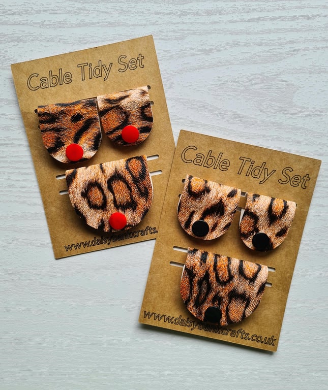 Leopard Print Faux Leather Cable Tidies Set of 3 Handmade Cord Organisers