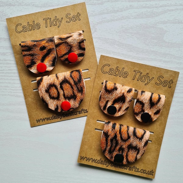 Leopard Print Faux Leather Cable Tidies Set of 3 Handmade Cord Organisers
