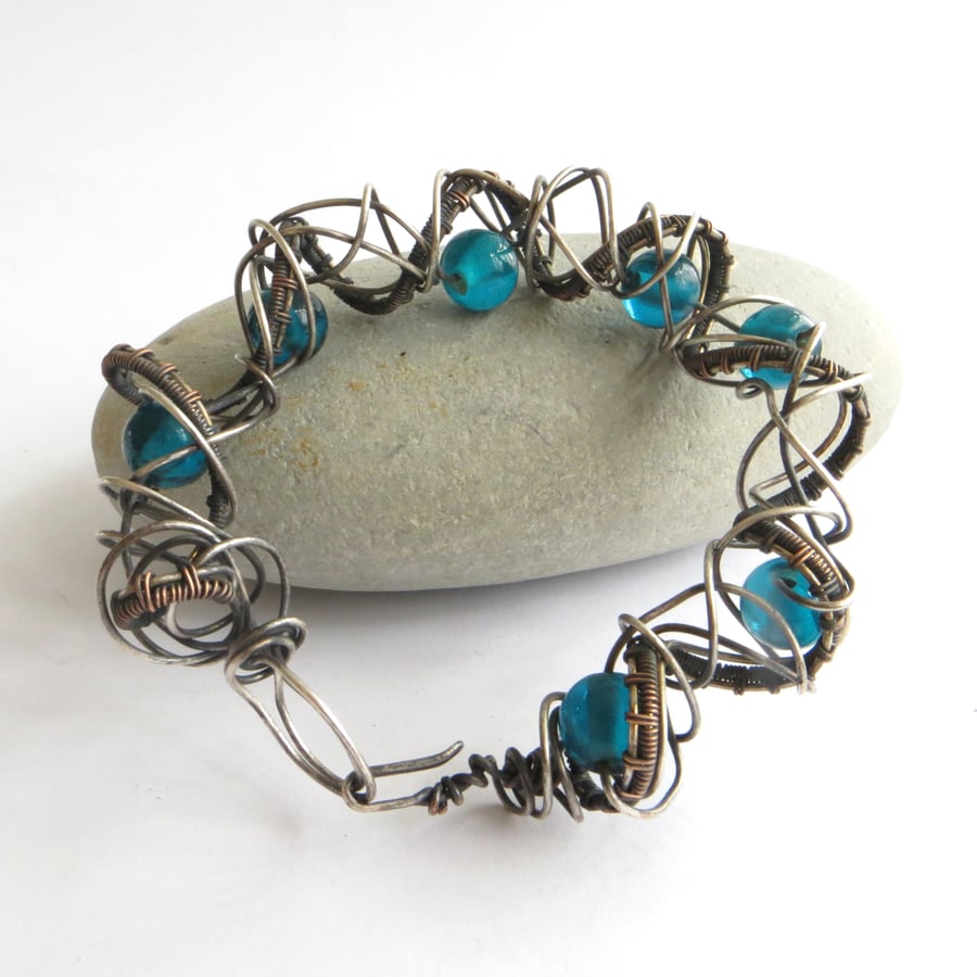 Bangle, Coiled Silver Wirework with Turquoise Glass, Oxidised Finish, OOAK