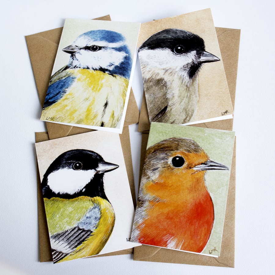 Garden Birds Mini Note Cards - Set of 4 - Handmade