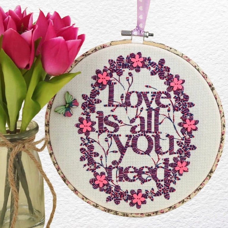 Purple Floral Embroidery Hooped Decoration 20cm (8") ready to hang