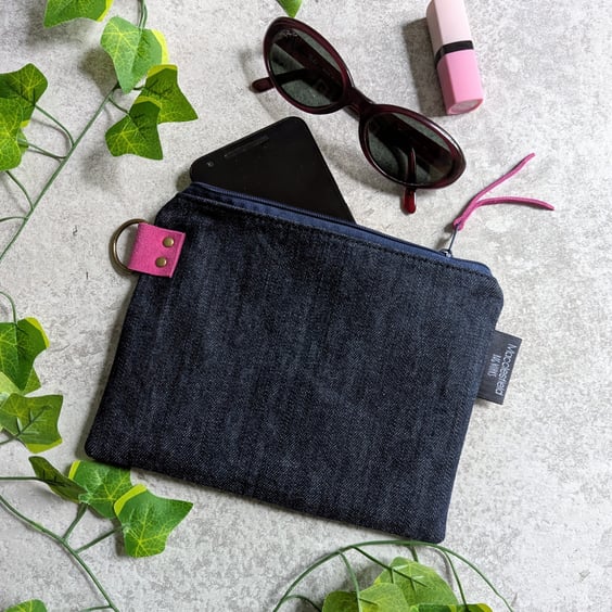 Denim Purse Pouch Purse, Pencil Case or Makeup Bag with Pink Suede Detailing 