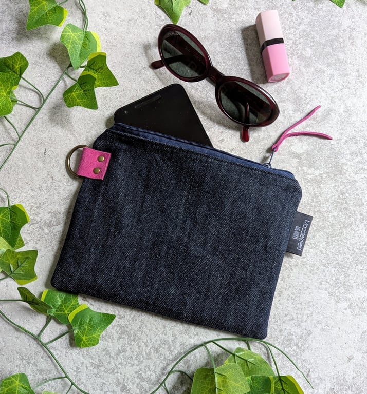 Denim Purse Pouch Purse, Pencil Case or Makeup Bag with Pink Suede Detailing 