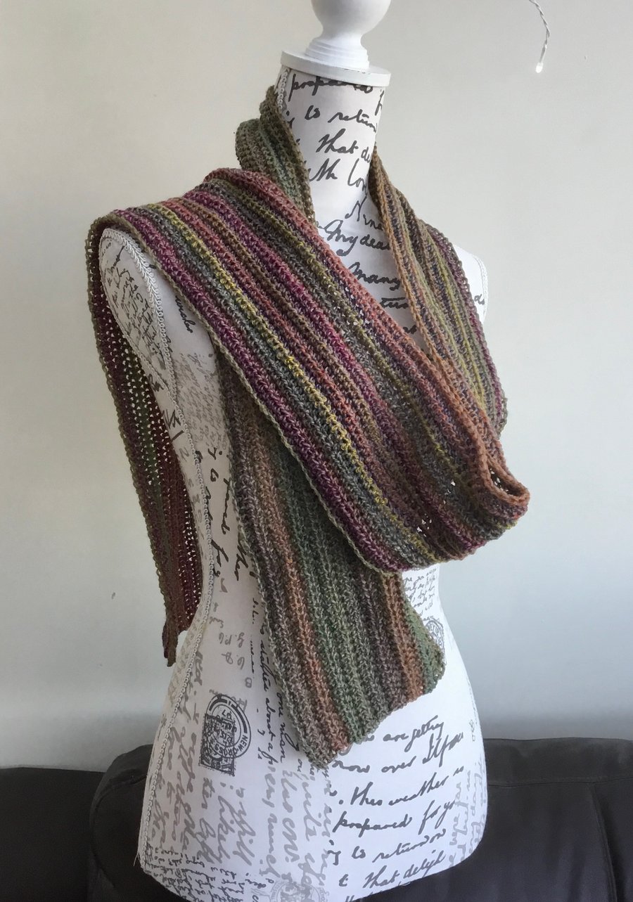 Moss Tones Rainbow Long Length Crocheted Scarf in Denys Brunton Designer Yarn