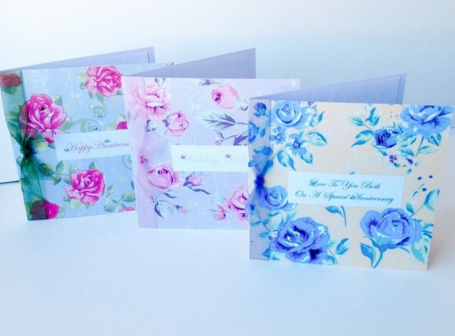 Anniversary Or Wedding,Pk of 3 Greeting Cards,'Bright Vintage Roses'Handmade.