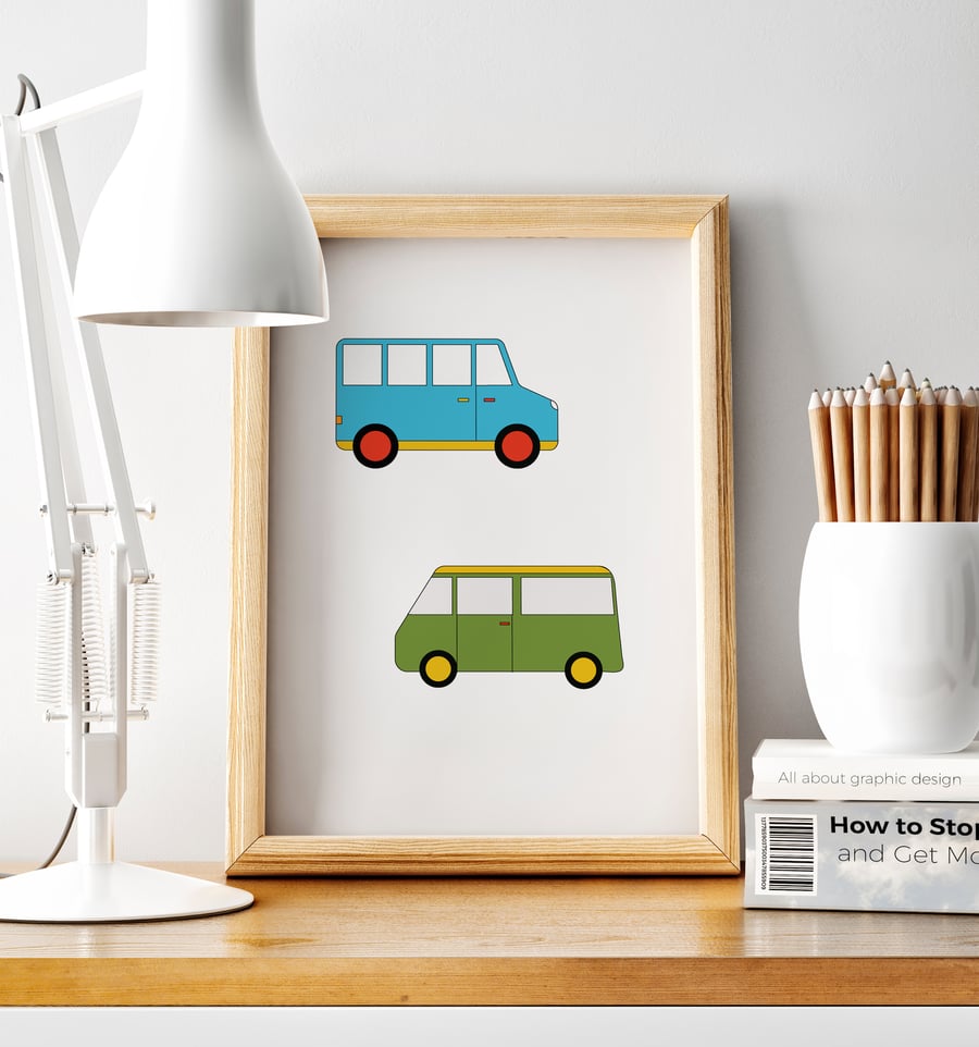 Print with Blue and Green Bus and Camper Van