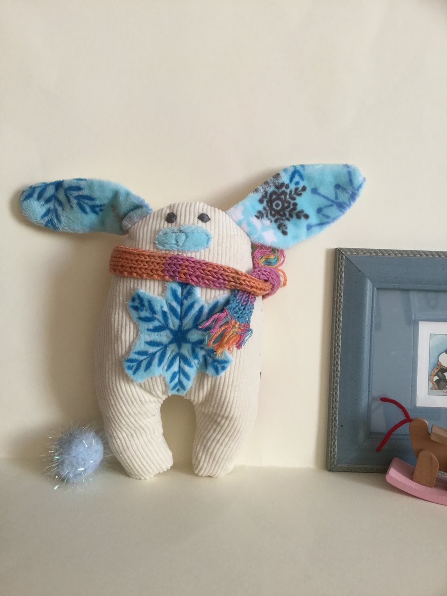 SnowFlake Bunny with scarf, Handmade Eco Friendly Cream Plushie Bunny  Nursery