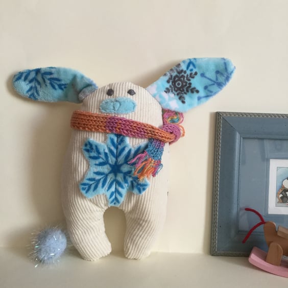 SnowFlake Bunny with scarf, Handmade Eco Friendly Cream Plushie Bunny  Nursery
