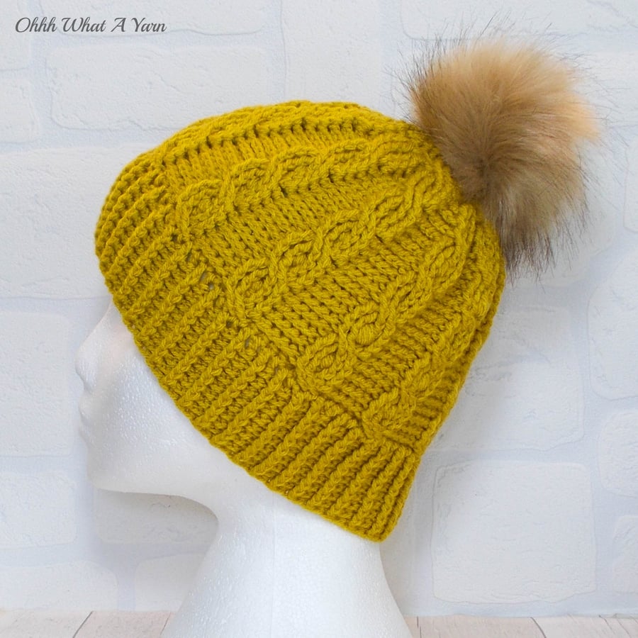 Crochet hat, beanie. Ladies gold mustard cable pom pom hat. Ladies hat.