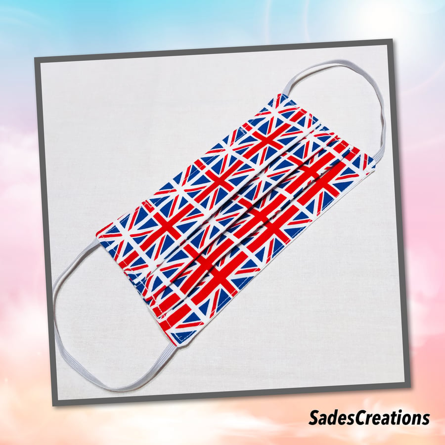 Two Layer Face Covering with Nose Wire in Union Jack Design. 100% Cotton