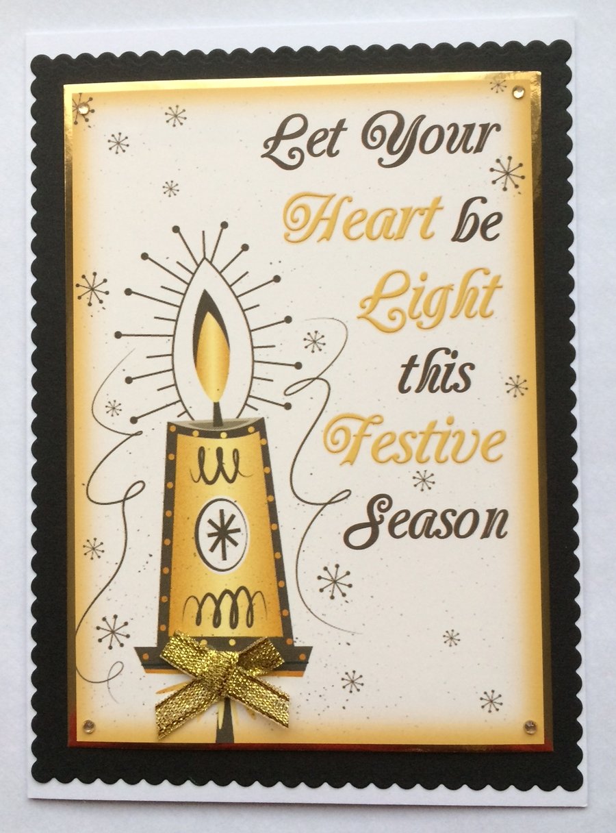 Handmade Christmas Card Vintage Candle Festive Season in Gold Black